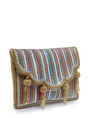 kooky champagne gold & multi striped embellished satin sling bag 11