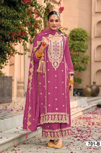 Pink pure airtex chinon with embroidered cording sequence work semi-stitched suit