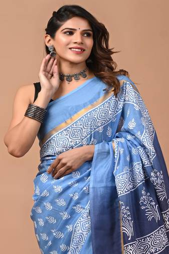 Blue hand block printed with natural dye cotton silk saree with blouse piece