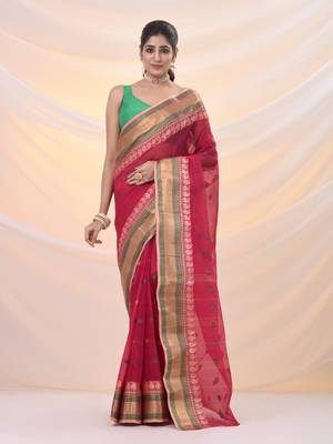 Fuchsia pure cotton tant saree with woven designs 1