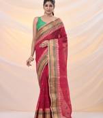 Fuchsia pure cotton tant saree with woven designs