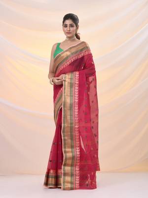 Fuchsia pure cotton tant saree with woven designs 2