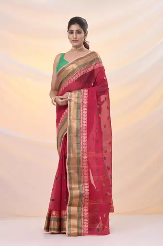 Fuchsia pure cotton tant saree with woven designs