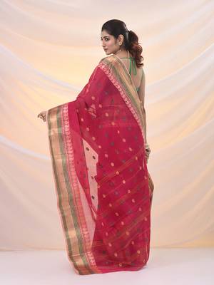 Fuchsia pure cotton tant saree with woven designs 3