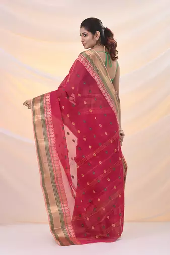 Fuchsia pure cotton tant saree with woven designs