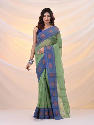 Green pure cotton tant saree with woven designs 1