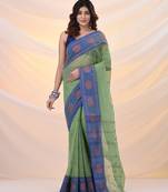 Green pure cotton tant saree with woven designs