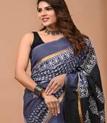 Navy blue hand block printed with natural dye cotton silk saree with blouse piece