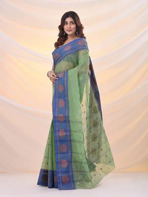 Green pure cotton tant saree with woven designs 2