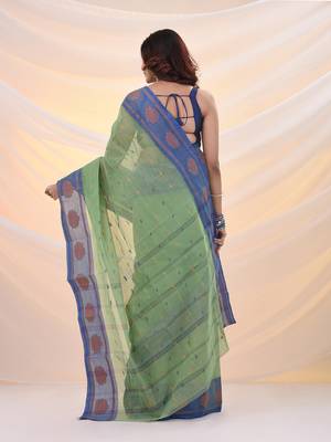 Green pure cotton tant saree with woven designs 3