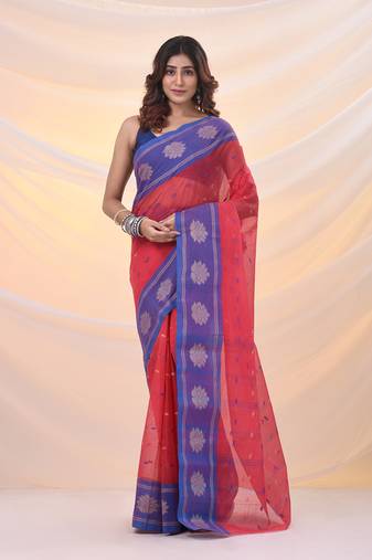Punch pink pure cotton tant saree with woven designs