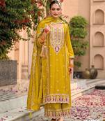 Yellow pure chinon with embroidered cording sequence work semi-stitched suit