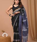 Black hand block printed with natural dye cotton silk saree with blouse piece