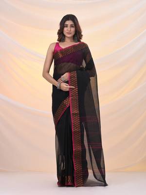 Black pure cotton tant saree with woven designs 1