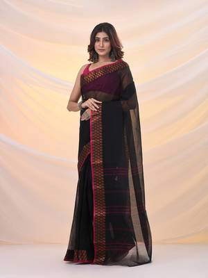 Black pure cotton tant saree with woven designs 2