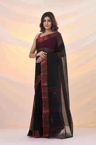 Black pure cotton tant saree with woven designs