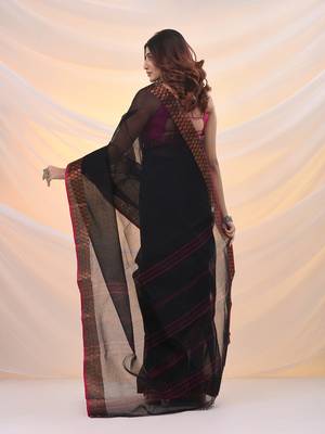 Black pure cotton tant saree with woven designs 3