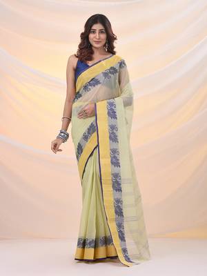 Lemon yellow pure cotton tant saree with woven designs 1