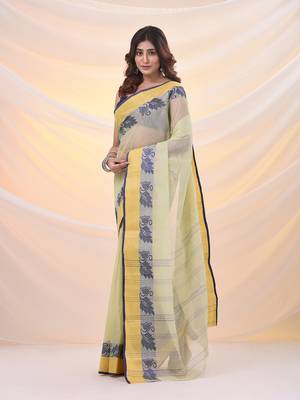 Lemon yellow pure cotton tant saree with woven designs 2