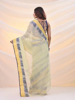 Lemon yellow pure cotton tant saree with woven designs 3