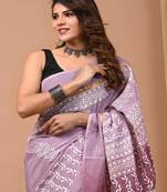 Purple hand block printed with natural dye cotton silk saree with blouse piece