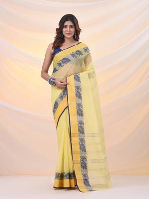 Yellow pure cotton tant saree with woven designs 1