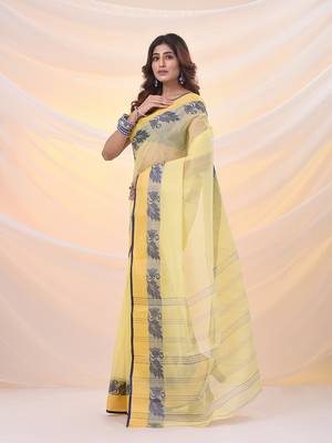 Yellow pure cotton tant saree with woven designs 2
