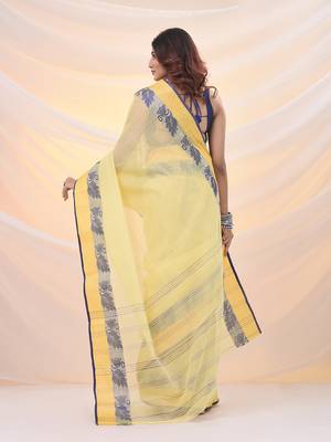 Yellow pure cotton tant saree with woven designs 3
