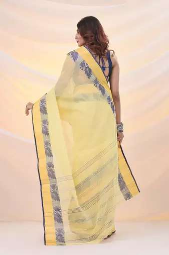 Yellow pure cotton tant saree with woven designs