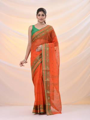 Orange pure cotton tant saree with woven designs 1