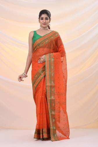 Orange pure cotton tant saree with woven designs