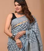 Grey hand block printed with natural dye cotton silk saree with blouse piece