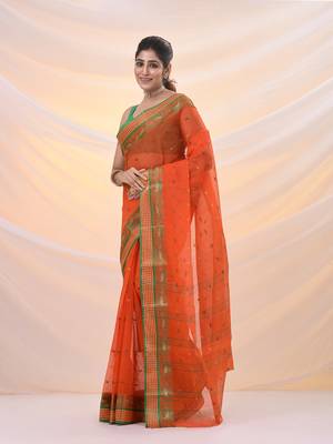Orange pure cotton tant saree with woven designs 2