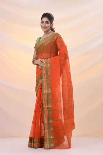Orange pure cotton tant saree with woven designs