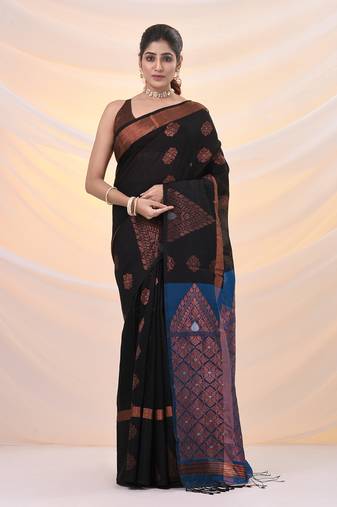 Black cotton blend saree with nakshi designs