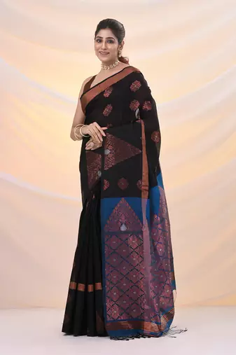 Black cotton blend saree with nakshi designs