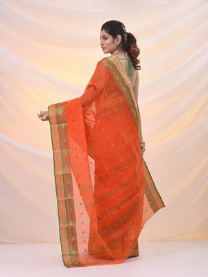 Orange pure cotton tant saree with woven designs 3