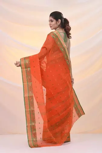 Orange pure cotton tant saree with woven designs
