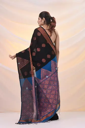 Black cotton blend saree with nakshi designs