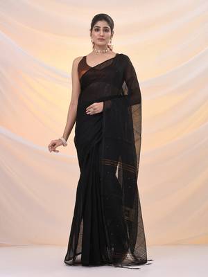 Black cotton blend saree with sequin work 1