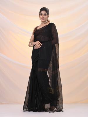 Black cotton blend saree with sequin work 2