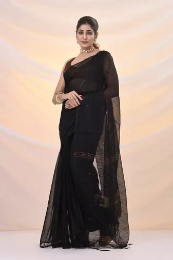 Black cotton blend saree with sequin work