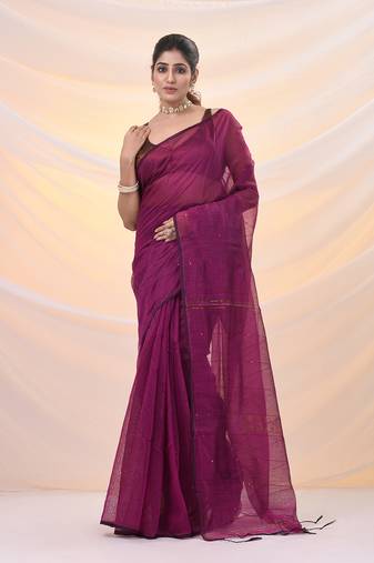 Magenta cotton blend saree with sequin work