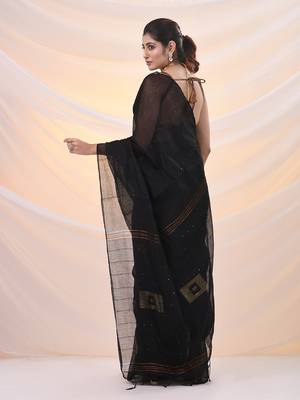 Black cotton blend saree with sequin work 3