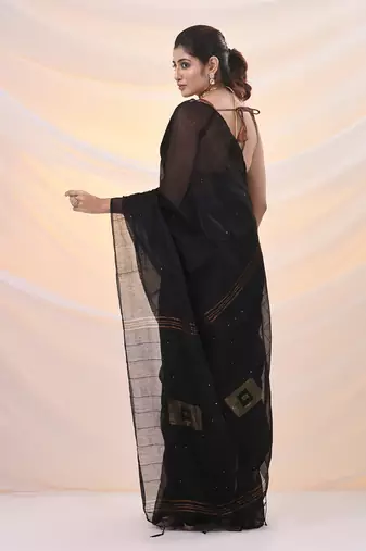 Black cotton blend saree with sequin work