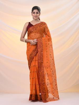 Orange pure cotton tant saree with woven designs 1