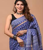 Blue hand block printed with natural dye cotton silk saree with blouse piece