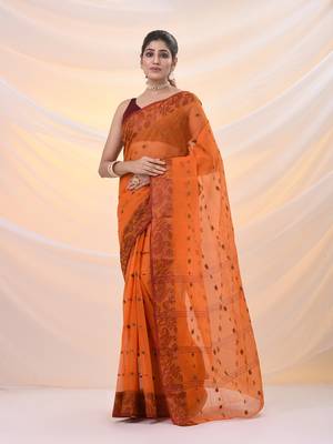 Orange pure cotton tant saree with woven designs 2