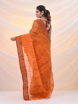Orange pure cotton tant saree with woven designs 3