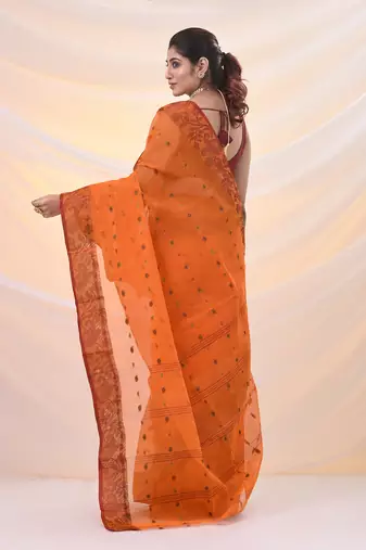 Orange pure cotton tant saree with woven designs